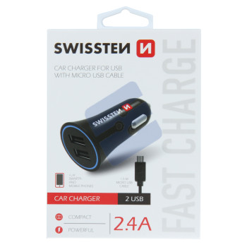 Swissten 2.4A Dual Port Chargeur Voiture - 20110900 + Micro USB Cable - Black