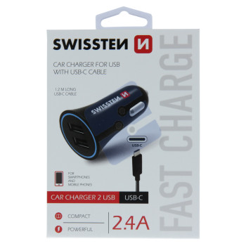 Swissten 2.4A Dual Port Chargeur Voiture - 20110908 + Type-C USB Cable - Black