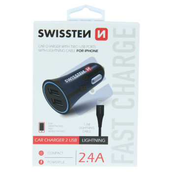 Swissten 2.4A Dual Port Chargeur Voiture - 20110910 + Lightning USB Cable - Black