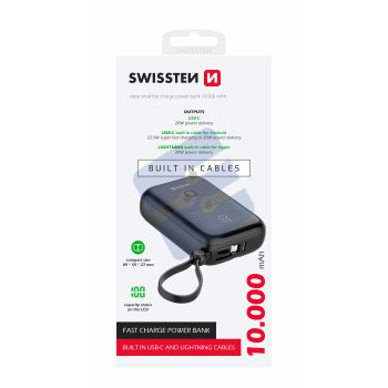 Swissten 10.000 mAh Powerbank (22.5W) - 22013931 - With Build-in Type-C And Lightning Cable - Black