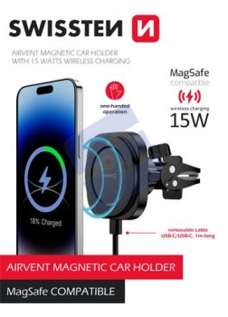 Swissten Wireless Charging Magnetic Air Vent Support voiture (15W) - 65010611 - MagSafe Compatible - Black
