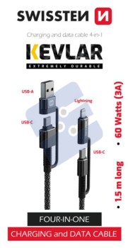 Swissten Kevlar 4-in-1 Data Cable - 74501101 - 1.5m - Grey