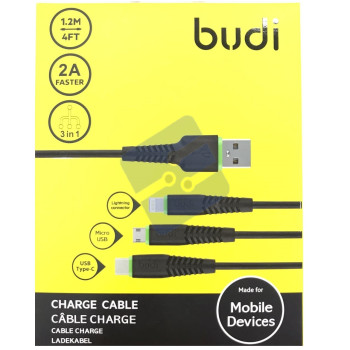 BUDI -  3 in 1 Multi Charging Cable - 3m - Black