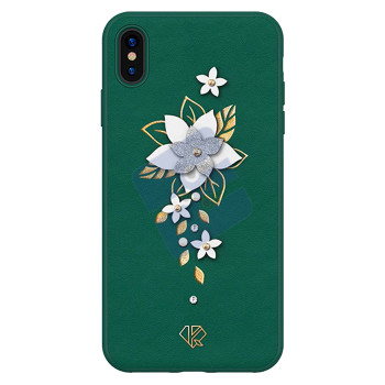 Kingxbar Apple iPhone X/XS - 3D Crystals PU Leather Case - Flower Green