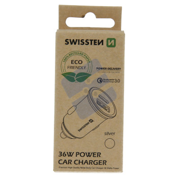 Swissten 2.4A Power Delivery (36W) Car Charger - 20111740ECO - With USB-A & USB-C Port - Eco Packing - Silver