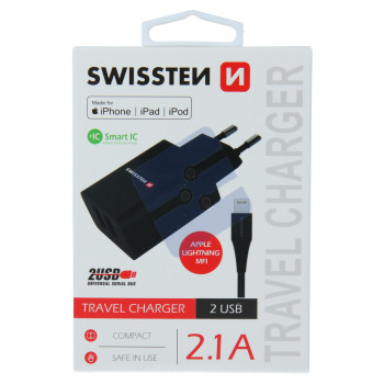 Swissten 2.1A Dual Port Travel Charger (10.5W) - 22056000 + MFI Lightning USB Cable - Black