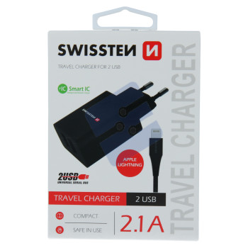 Swissten 2.1A Dual Port Travel Charger (10.5W) - 22058000 + Lightning USB Cable - Black