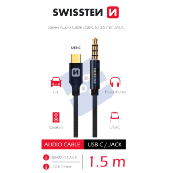 Swissten Textile Type-C USB Cable to 3.5mm (Male) Cable - 73501303 - 1.5M - Black