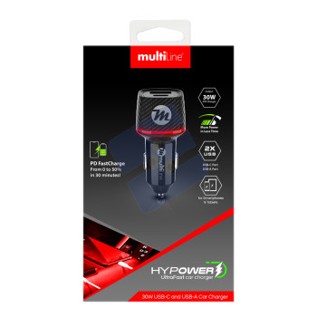 Multiline HyPower 2 Port PD Fast Car Charger 30W - USB A + USB C - MW80Q